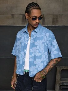 AXEPEAK 多尺寸时尚街头风翻领宽松短袖男士蓝色纽扣衬衫 - 淺藍色 - 查看 3