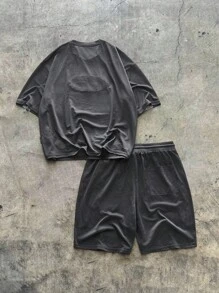 AXEPEAK 2pcs Men's Knit Casual Loose Fit Short Sleeve T-Shirt And Elastic Waist Straight Leg Shorts Set