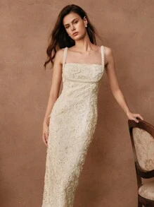 Anewsta Savoree 女士春夏优雅派对婚礼宾客礼服，杏色，浪漫纹理面料，3D花朵和珍珠装饰，收腰吊带连衣裙 - 杏色 - 查看 3