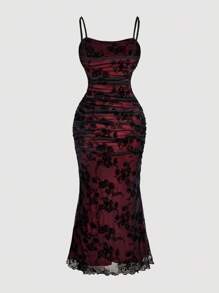 SHEIN MOD Váy hai dây lưới khoét lỗ jacquard cỡ lớn cho nữ, váy dự tiệc trà, đen và đỏ rượu, váy dạ hội câu lạc bộ Y2K, váy Goth, váy cổ điển, thanh lịch, lãng mạn, váy tương phản, váy hai dây, váy lưới, váy dạ hội Halloween, trang phục đi chơi - màu đen - Xem 3