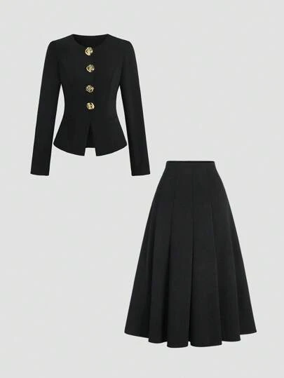 Sweetra 2 件女士休闲通勤装：金属装饰夹克和 A 字中长裙，秋季