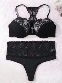 Miss Vinta 2pcs Plus Size Front Closure Lace Patchwork Underwire Bra Set - Black - View 7
