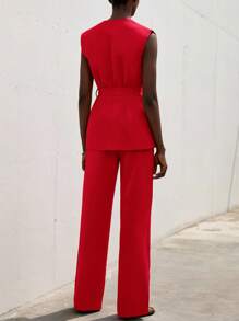 Aveloria Modichic Women Solid Color Sleeveless Vest & Trousers Suit, Fashionable For Summer - Red - View 2