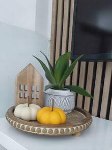 SHEIN 1PC Decor 12in Round Tray For Home Decor- Brown Wood Beaded Tray- Decorative Round Tray For Living Room Decor Coffee Table Decor Kitchen Table Decor Or Farmhouse Serving Tray