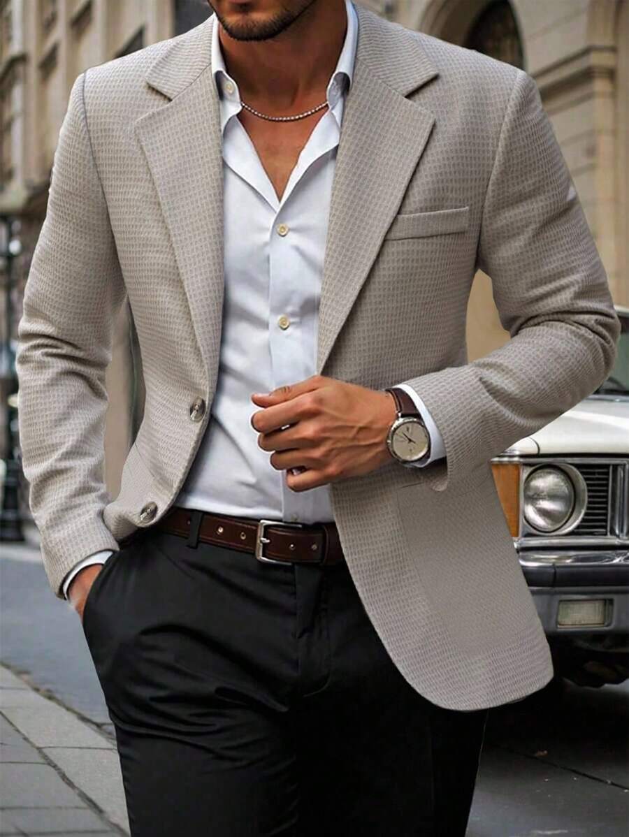 Manfinity Mode 男士简约通勤绅士千鸟格单排扣缺口翻领西装外套 - 卡其色 - 查看 1