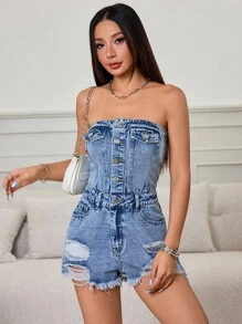 SHEIN PETITE Women's Simple Daily Blue Denim Jumpsuit - Light Wash - View 3