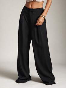 Hauture Old Money Sexy Business Casual High Waist Pleated Wide Leg Pants – Elegant Solid Color Loose Trousers, Professional Office Wear, Chic Tailored Work Pants For Women - Black - View 5