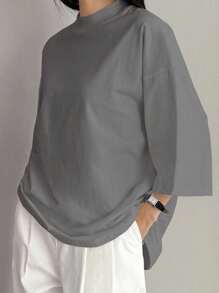 Dazy-Less Camiseta básica de manga corta de unicolor, informal y holgada para mujer, para primavera/verano - Gris Oscuro - Ver 3