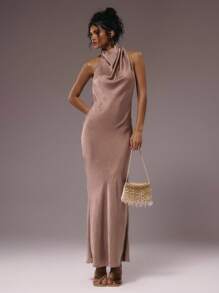 MUSERA Abito lungo elegante in raso con collo alto e vestibilità dritta, adatto per l'inverno, l'estate, le vacanze, le uscite serali, le serate, i matrimoni, i compleanni, i club, i brunch, le crociere, le feste, Ibiza e altre occasioni girly e carine - Castano - Visualizzare 1