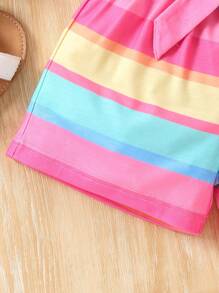 SHEIN Genkimix Kids 女孩獨角獸印花彩虹條紋短袖t卹+短褲套裝