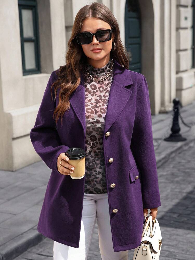 Abrigo de mujer de talla grande de lana morado oscuro, de estilo casual elegante, de calidad, de solapa única con hebilla de metal, ropa de otoño e invierno para salir