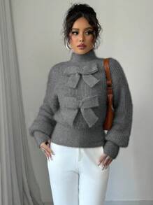 Elenzga Áo len cổ đứng màu trơn thanh lịch dành cho nữ có trang trí nơ, áo chui đầu dệt kim thu/đông - Xám - Xem 4