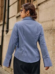 Easura Plus Size Striped Print Buttoned Front Fitted Long Sleeve Shirt Fall Cloth For Women - Multicolor - View 2