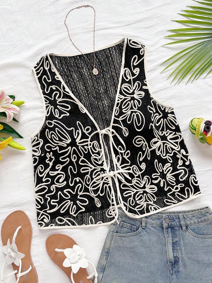 Soleia Plus Size Women Green Knitted Jacquard White Embroidered V-Neck Open Front Tie-Waist Sleeveless Vest Cardigan