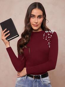 Amorya Women's Knitted Long Sleeve Fitted Elegant T-Shirt With Faux Pearl Decor