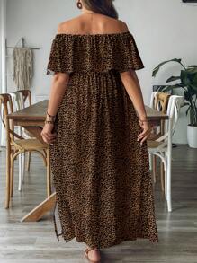 SHEIN VCAY Plus Size Brown Leopard Print Off Shoulder Loose A-Line Dress, Casual Holiday Beach Dress Chic Dress - Multicolor - View 2