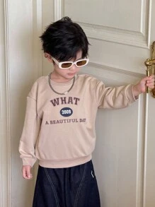 SHEIN 男童休闲卡其色字母图案圆领运动衫 - 卡其色 - 查看 5