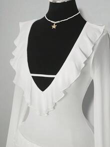 SHEIN ICON Women's Cute Sweet Girl Millennial Style Y2K Pure Desire Style Princess Banquet Dance Dress Mesh Multi-Layer Ruffle V-Neck Trumpet Sleeve Elegant White Mini Dress - White - View 5