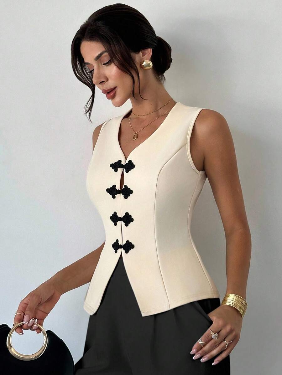 Firerie Women Elegant Black And White Contrast Color Button-Up Top,Summer Tea Party Modest Graduation Teacher Back To School Tops,Work Date Sleeve