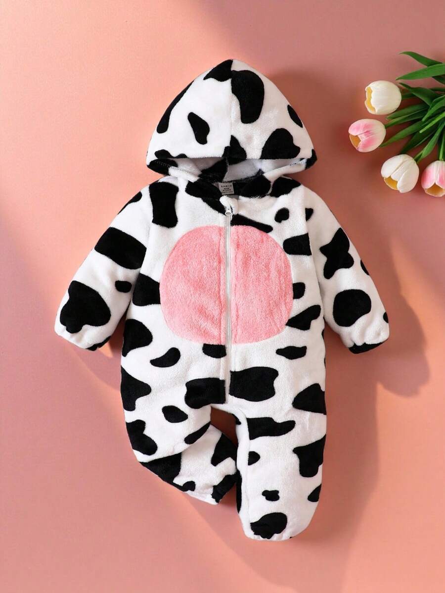 SHEIN Đứa bé gái Hình con bò Dây kéo áo có mũ Áo liền quần - Nhiều màu - Xem 1