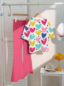 SHEIN Bộ 2 chiếc áo thun tay ngắn in hình trái tim giản dị và tối giản cho bé gái tuổi teen, màu hồng, mùa hè - Nhiều màu - Xem 3