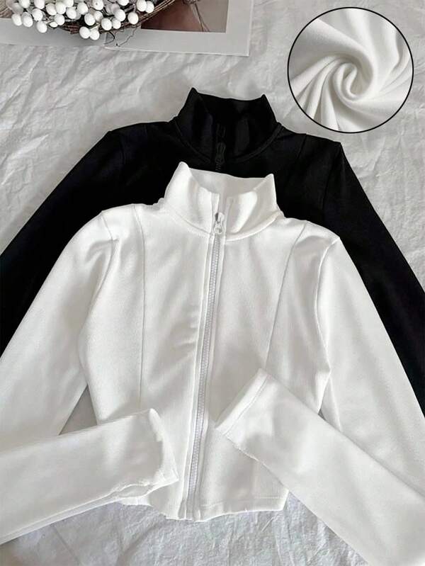 INAWLY Women's Black & White Zip-Up Casual Sports Fitted Long Sleeve Jacket, Thin Outerwear For Autumn