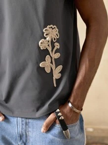 AKNOTIC 男士修身针织 T 恤，刺绣花卉图案，男友/父亲节礼物，百搭休闲短袖，适合秋冬季、返校季 - 灰色 - 查看 3