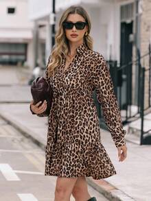 EMERY ROSE 豹紋圖案荷葉邊下擺娃娃洋裝 - 彩色 - 查看 6