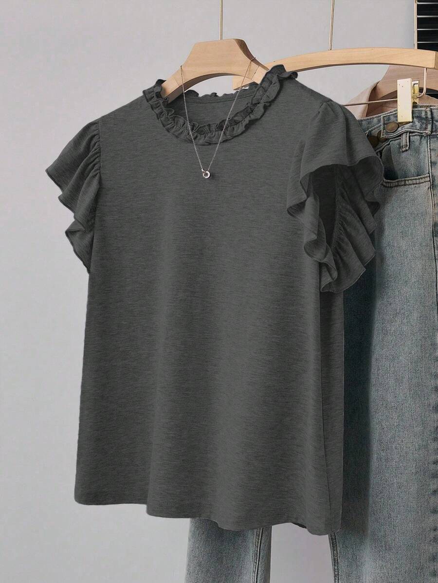 Franclia Women's Casual Loose Fit Gray T-Shirt With Ruffle Collar And Sleeves, Suitable For Commuting, Outing, School, Sports, Gathering, Family Activities, Versatile Wear, Spring/Summer Clothes For University - Dark Grey - View 1