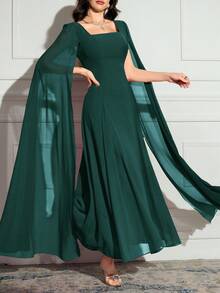 Modelyn Vestido largo de mujer de unicolor, cuello cuadrado, manga larga, sencillo y casual, vestido de noche largo - Verde Oscuro - Ver 2