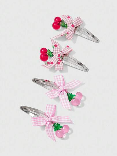 Kawaii 4pcs Random Color Cute Red & Pink Plaid Bow Hair Clips, Sweet Cherry Shaped BB Clips, Colorful Daily Creative Hair Accessories