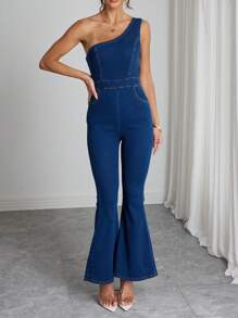 Elenzga Asymmetrical Neck Elastic Washed Denim Flare Jumpsuit ,Casual Elegant Lady - Dark Wash - View 3