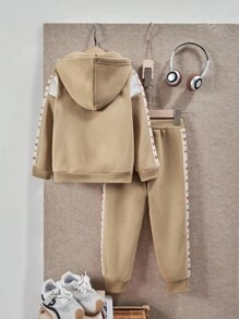 SHEIN Explorewe 2件套男童字母印花拉链连帽衫和休闲运动裤套装 - 棕色 - 查看 2