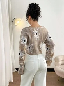 Modelyn Asymmetrical Color Block Floral Knit Pullover Sweater, Loose Casual Women Autumn/Winter - Camel - View 4