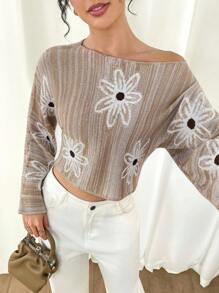Modelyn Asymmetrical Color Block Floral Knit Pullover Sweater, Loose Casual Women Autumn/Winter - Camel - View 6