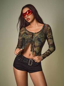 Shutterstock Y2Kool 女式方领荷叶边系带轻质开衫迷彩短款上衣迷彩上衣女式迷彩丛林主题冬季 - 軍綠色 - 查看 6