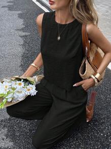 Serisse Women's Plain And Simple Everyday Sleeveless Top And Long Pants Set Black Summer Casual - Black - View 7