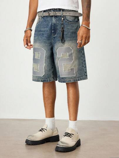 Street Life Herren Vintage Denim Shorts mit Nummern-Stickerei