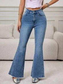 SHEIN PETITE Women's Blue Fashionable Versatile Frayed Hem Flared Casual Jeans - Blue - View 5