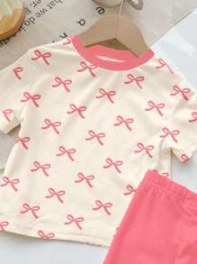 SHEIN Baby Girl Cute Mini Pink Bow Print Casual Short Sleeve T-Shirt & Fitted Shorts Set, Suitable For Spring & Summer - Multicolor - View 6
