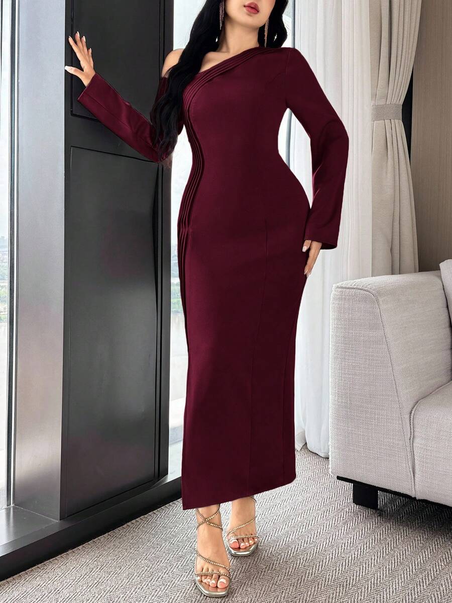 Modelyn 女式纯色斜肩长袖修身褶皱连衣裙 - 酒紅色 - 查看 1