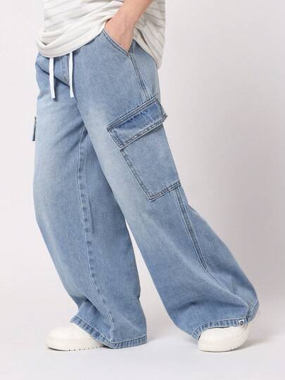 SUMWON Pantalones vaqueros de pierna ancha tipo cargo, pantalones holgados con ajuste relajado, estilo patinador, ropa casual de calle para otoño e invierno, ajuste suelto, ropa exterior juvenil de uso diario, cómoda y de moda