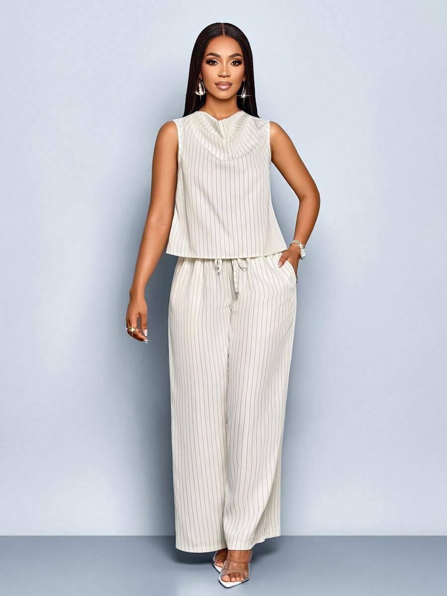 SOLERSUN Women's Casual Striped Collar Top And Pants Two Pieces Set, Simple Commuter Style, (Random Floral Pattern)Two-Piece Set - Apricot - View 1