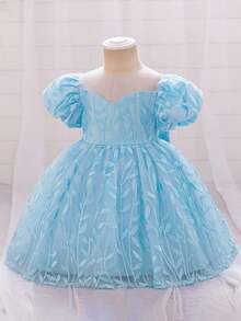 Glamorique Kids Baby Girls Light Blue Floral Summer Elegant Flower Girl Puff Sleeve Bow Embroidery Mesh Tulle Princess Dress,Wedding Party 1st Birthday Puffy Dress - Blue - View 4