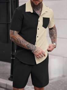 Manfinity Dauomo Men's Contrast Color Minimalist Short Sleeve Shirt And Solid Shorts Set For Daily Wear - Multicolor - View 4