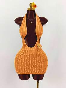 Amplova Đầm ôm body ngắn hở lưng, hở lưng, kiểu dáng du lịch biển gợi cảm mùa hè cho nữ - trái cam - Xem 8