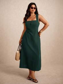 Elaquor 大码纯色无袖休闲度假连衣裙 - 墨綠色 - 查看 5