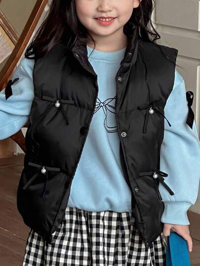 DAZY Young Girl Solid Color Sleeveless Bow Decor Winter Warm Padded Vest Winter Coat