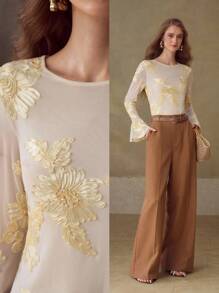 MOTF PREMIUM WOMEN EMBROIDERED ELASTIC MESH SLIM FIT FLARED SLEEVE T-SHIRT - Apricot - View 7