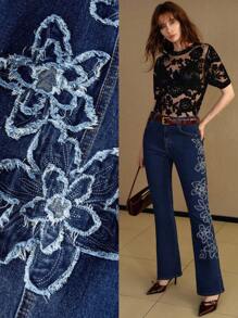 MOTF PREMIUM Floral-Jeans mit Roh-Kante und Weitem Bein ohne Gürtel